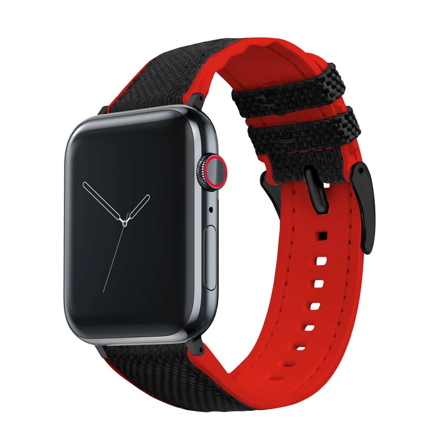 Apple Watch Black Cordura Fabric And Crimson Red Silicone Hybrid Watch Band