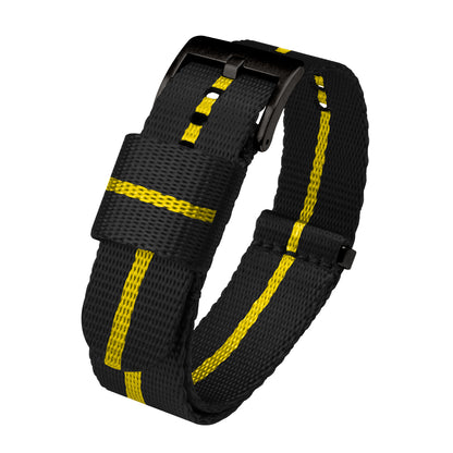 Black With Yellow Stripe Elite Nylon NATO® style Watch Band (18mm, 24mm SALE)