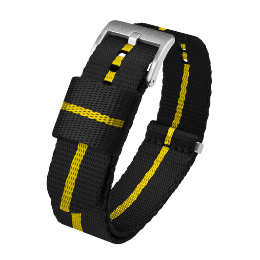 Black With Yellow Stripe Elite Nylon NATO® style Watch Band (18mm, 24mm SALE)