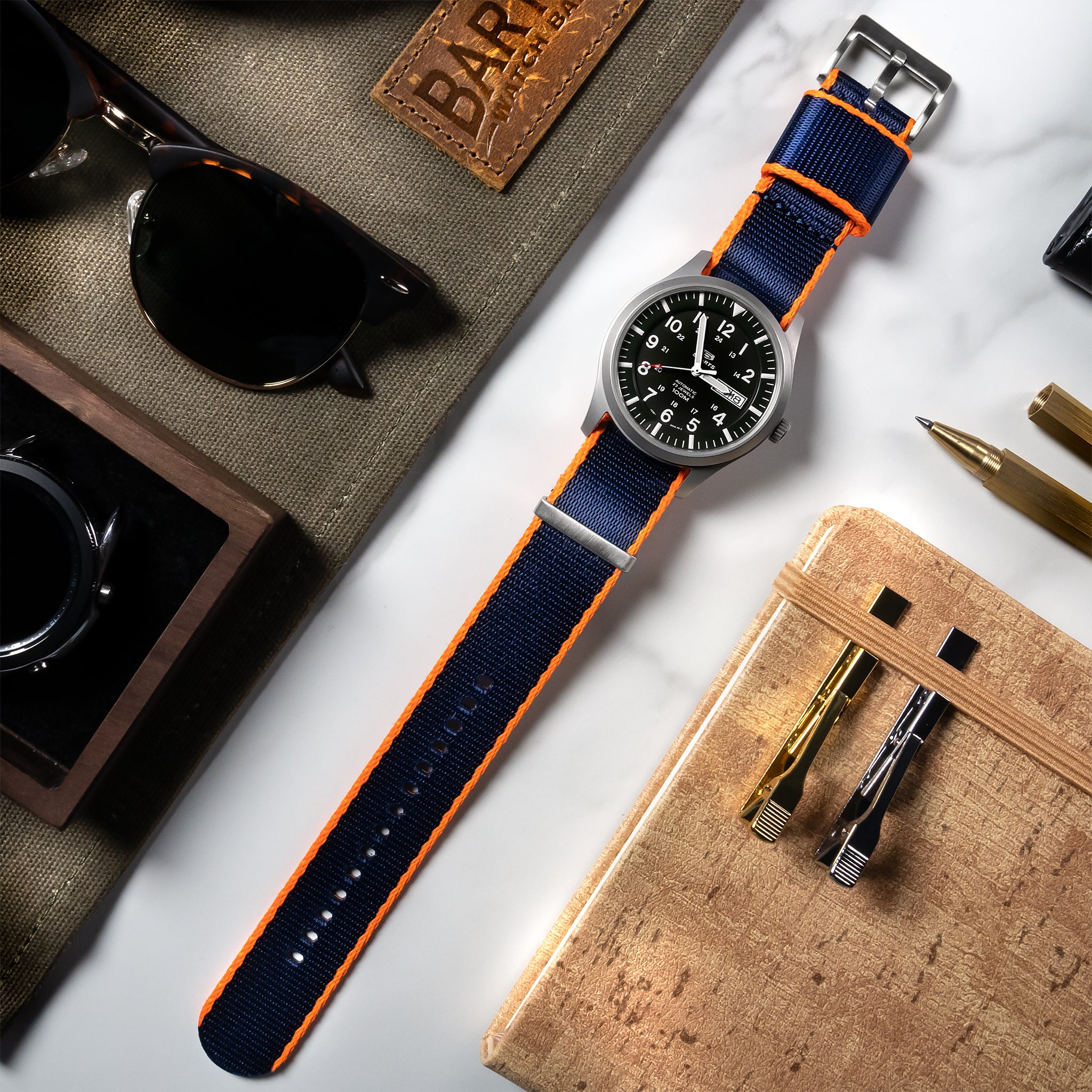 Dark Blue With Orange Edges Elite Nylon NATO® style Watch Band (18mm, 20mm, 24mm SALE)
