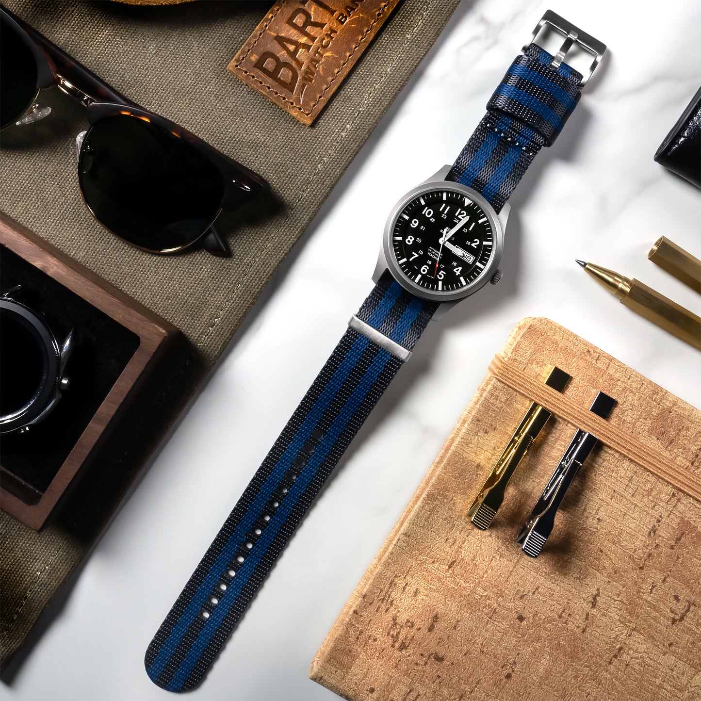 Grey With Blue Stripes Elite Nylon NATO® style Watch Band - (18mm, 22mm, 24mm SALE)