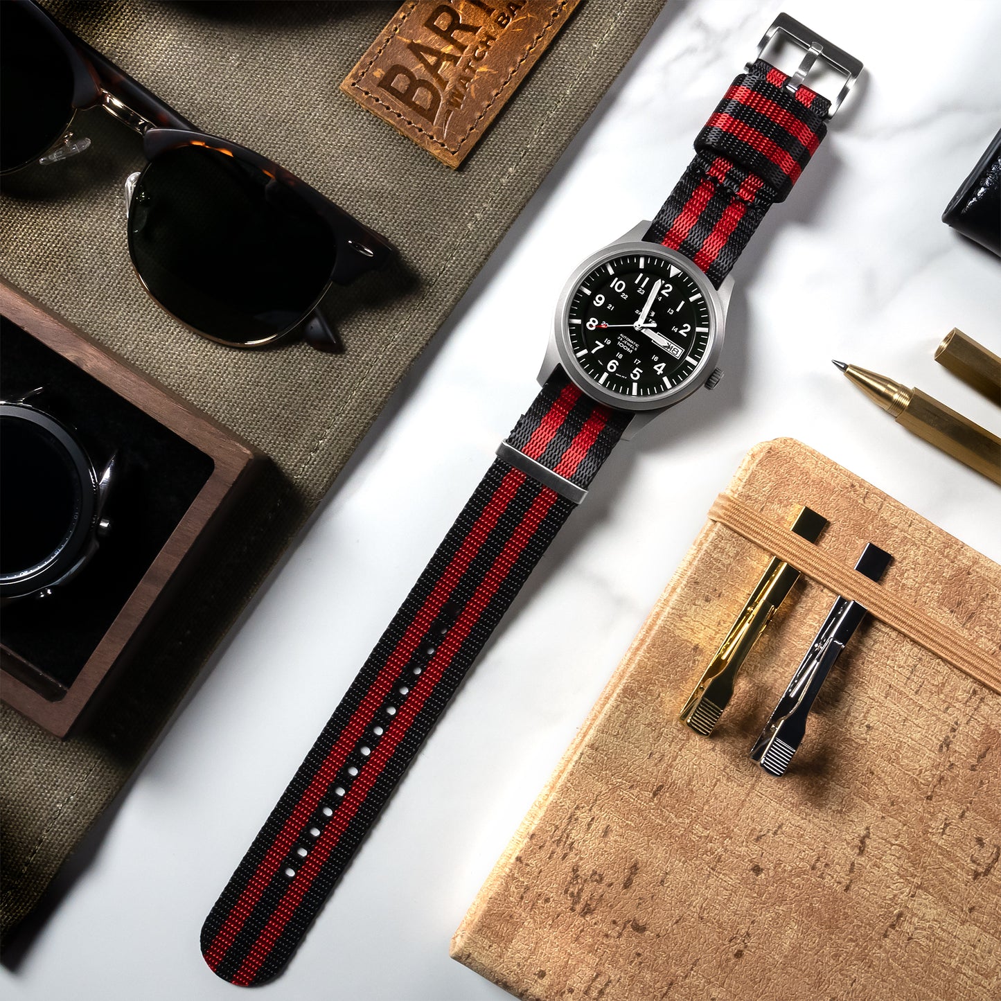 Black With Red Stripes Elite Nylon NATO® Style Watch Band