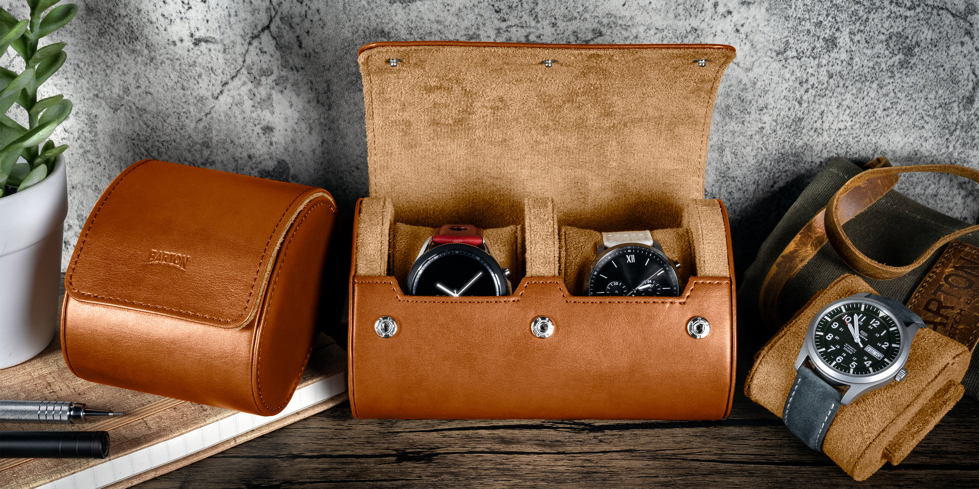 Barton Watch Roll - Brown Recycled Leather Watch Travel Case & Watch Band Storage - 3 Watch Case