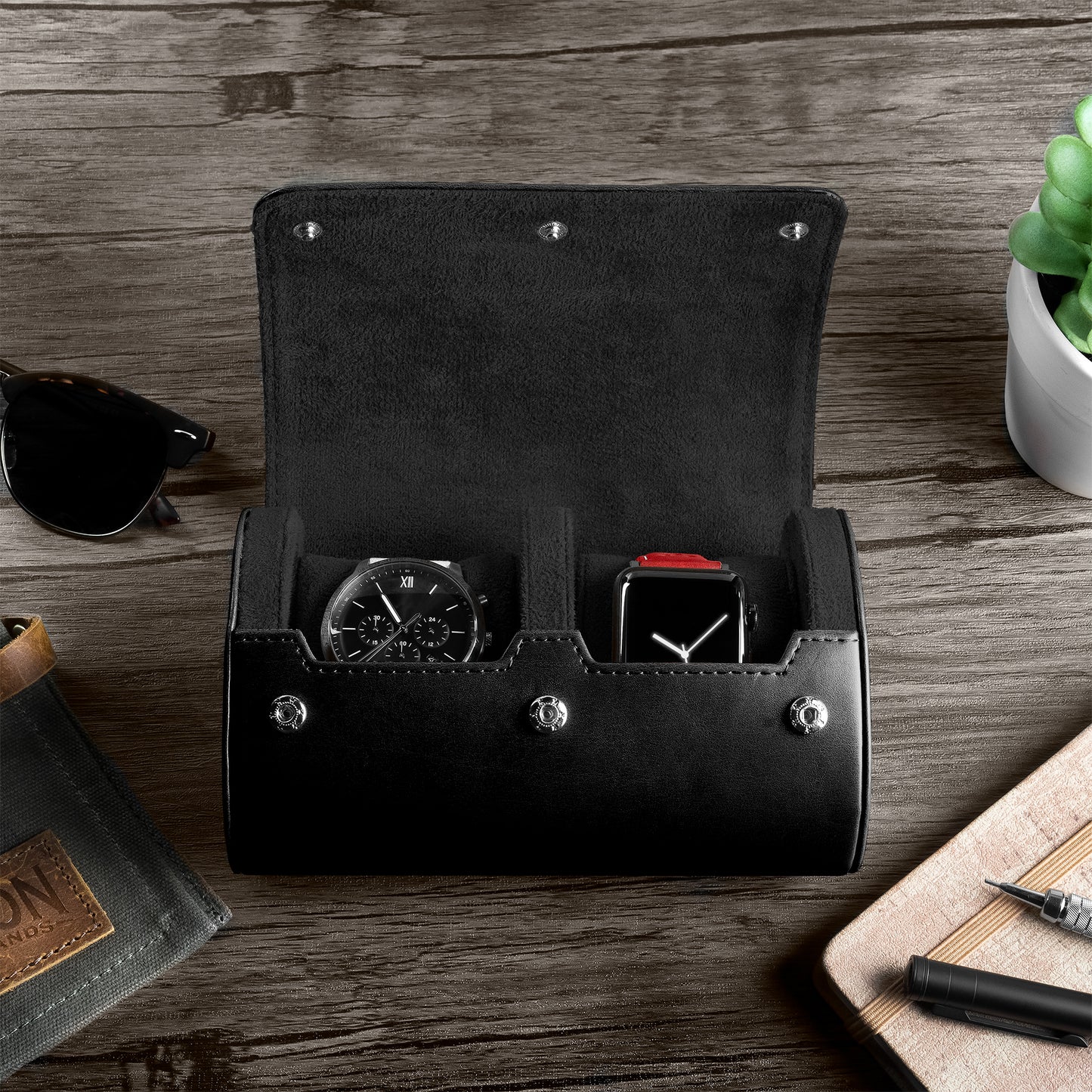 Double Recycled Leather Watch Roll Travel Case