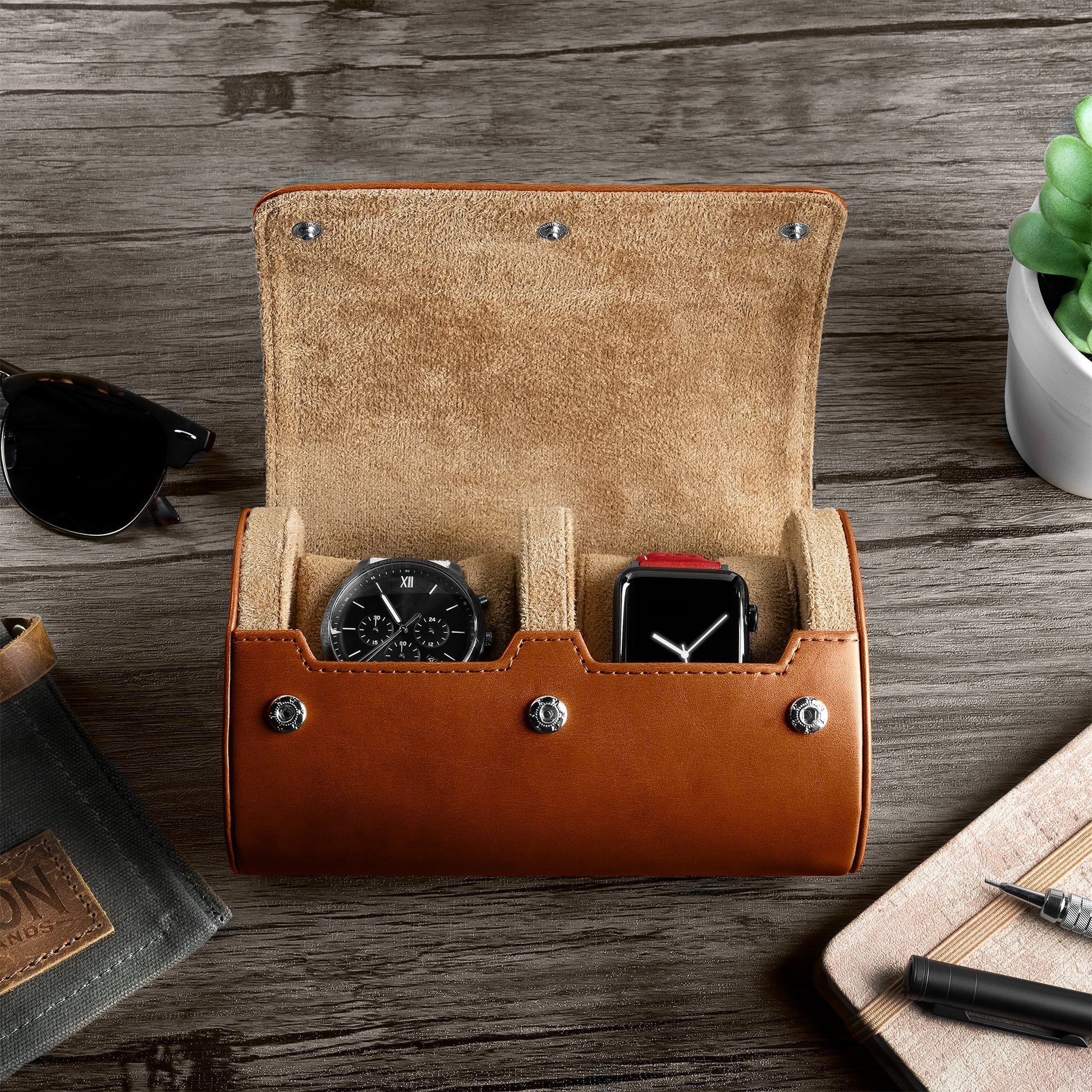 Barton Watch Roll - Brown Recycled Leather Watch Travel Case & Watch Band Storage - 3 Watch Case