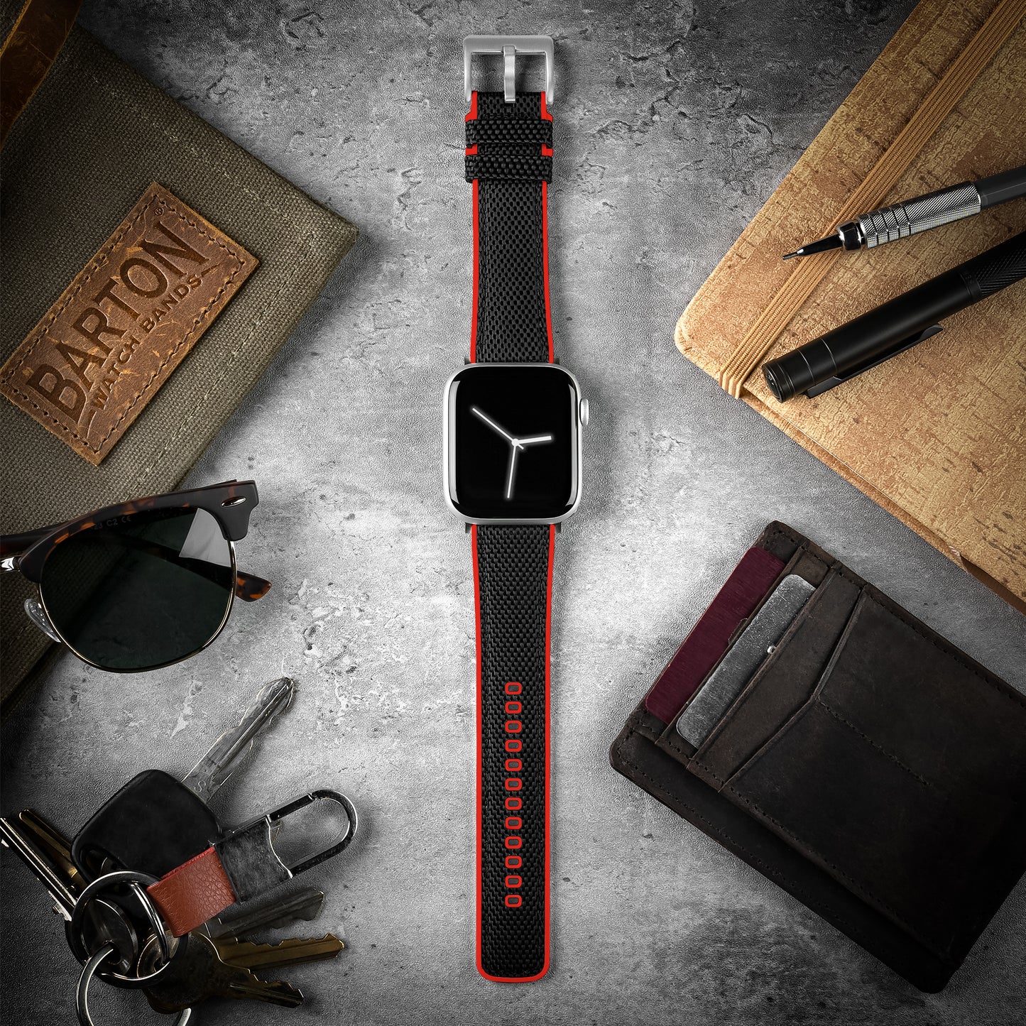 Apple Watch Black Cordura Fabric And Crimson Red Silicone Hybrid Watch Band