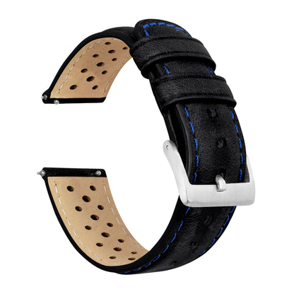 Samsung Galaxy Watch Racing Horween Leather Black Blue Stitch Watch Band