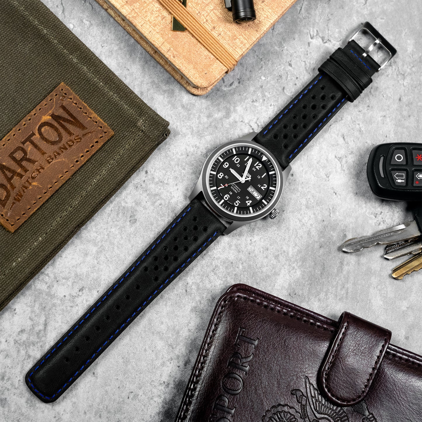 Black Blue Stitch Racing Horween Leather Watch Band