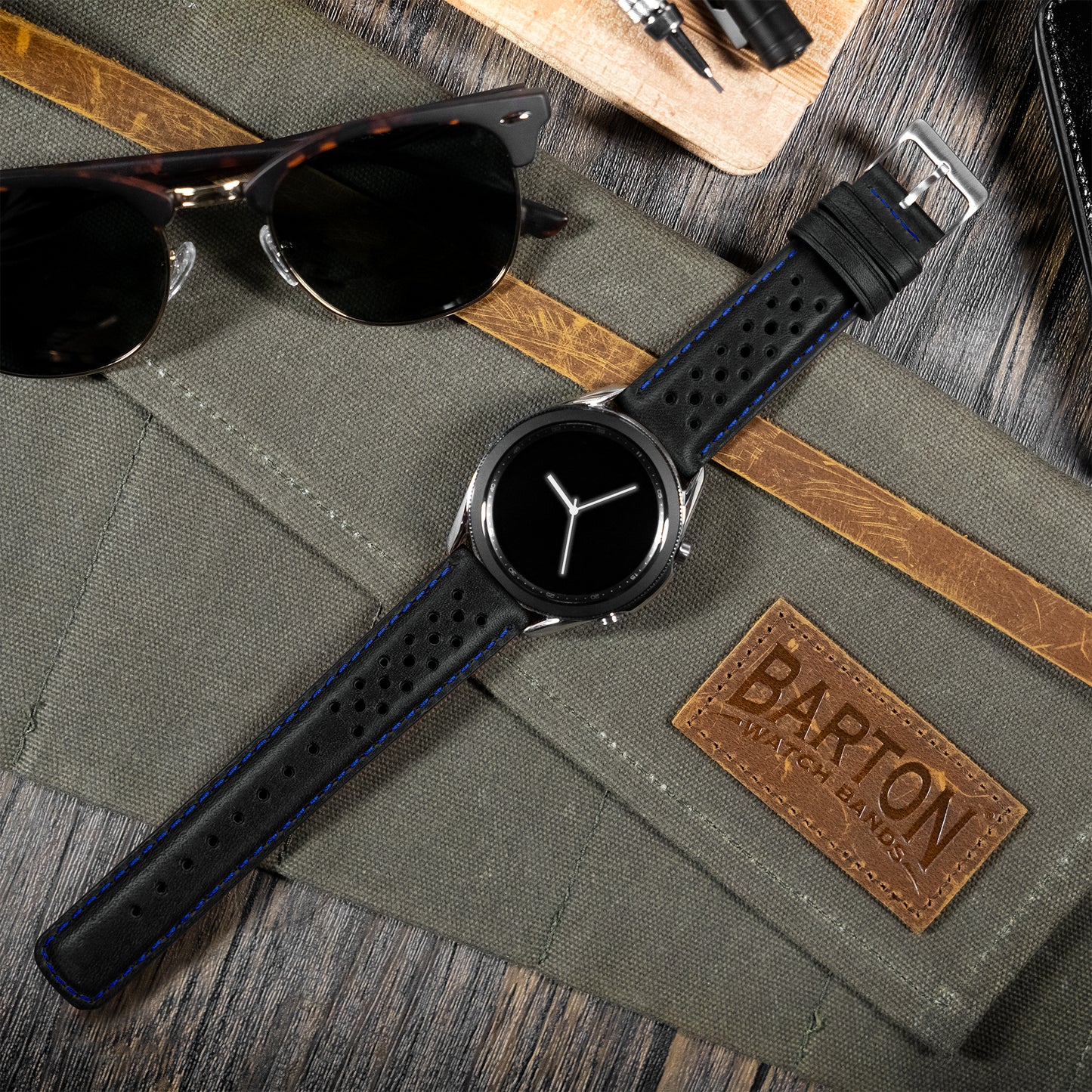 Samsung Galaxy Watch3 Racing Horween Leather Black Blue Stitch Watch Band