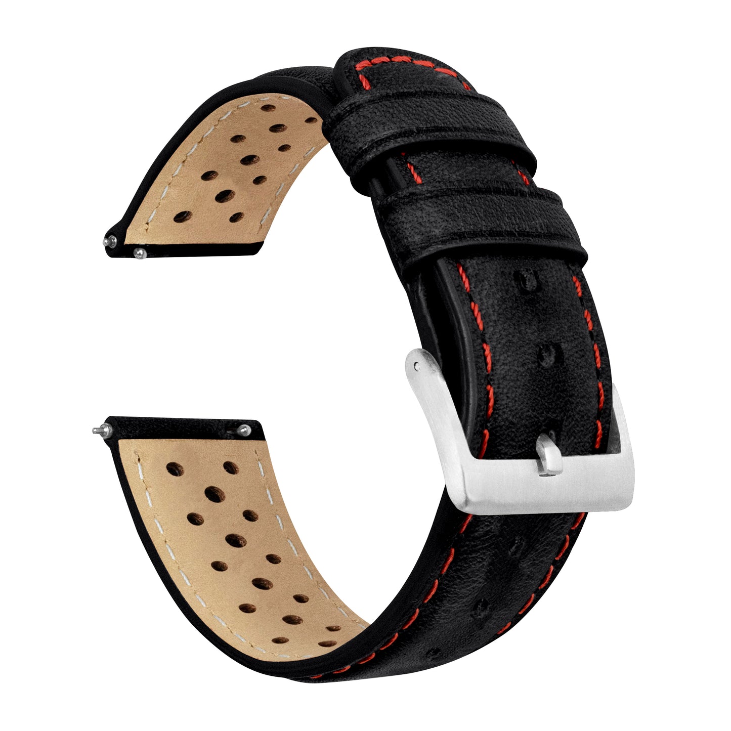 Fossil Sport Racing Horween Leather Black Red Stitch Watch Band