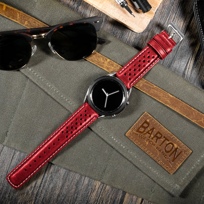 Samsung Galaxy Watch Active 2 Racing Horween Leather Crimson Red Linen Stitch Watch Band