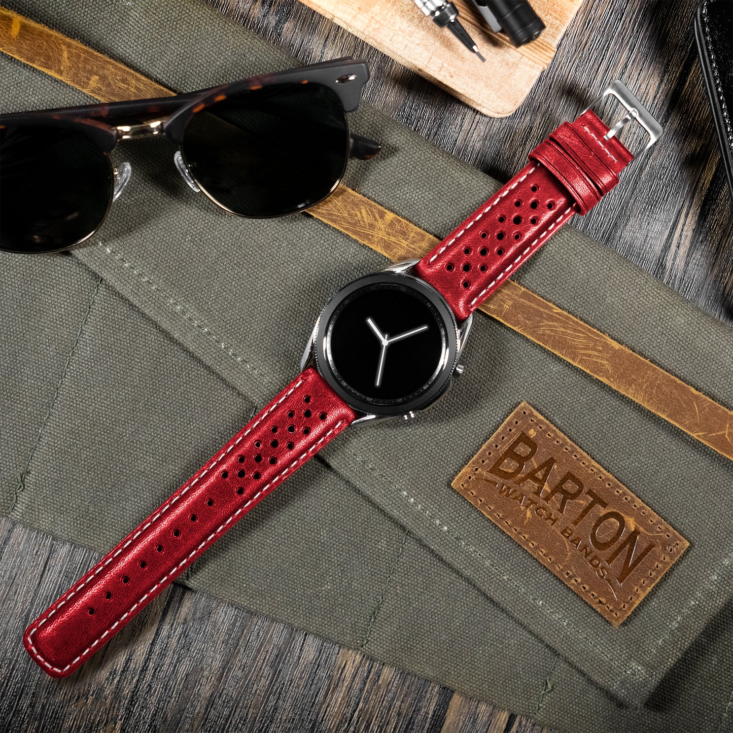 Samsung Galaxy Watch Racing Horween Leather Crimson Red Linen Stitch Watch Band