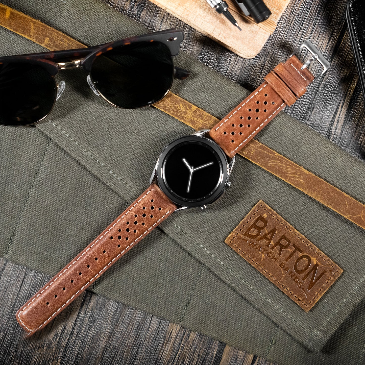 Samsung Galaxy Watch5 Racing Horween Leather Caramel Brown Linen Stitch Watch Band