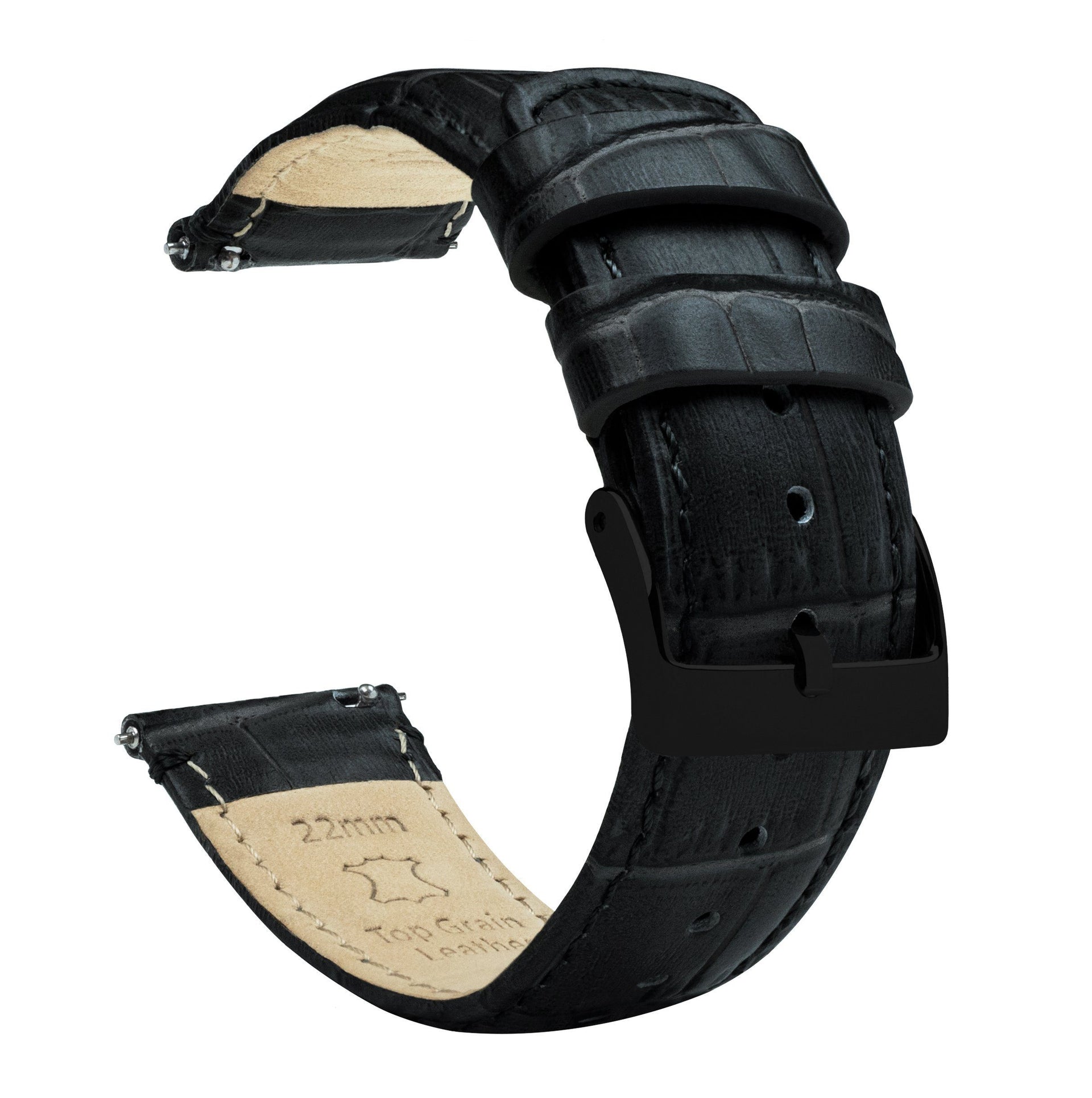Black Leather Watch Band Alligator Grain Texture BARTON
